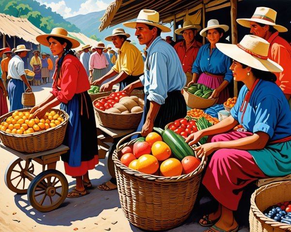 Vibrant Market Scene with Traditional Attire and Produce