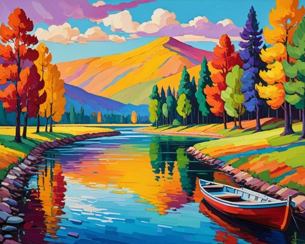 Vibrant Autumn Landscape with River and Mountains