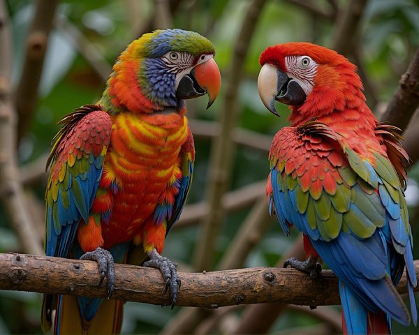Vibrant Parrots Displaying Colorful Plumage on Branch