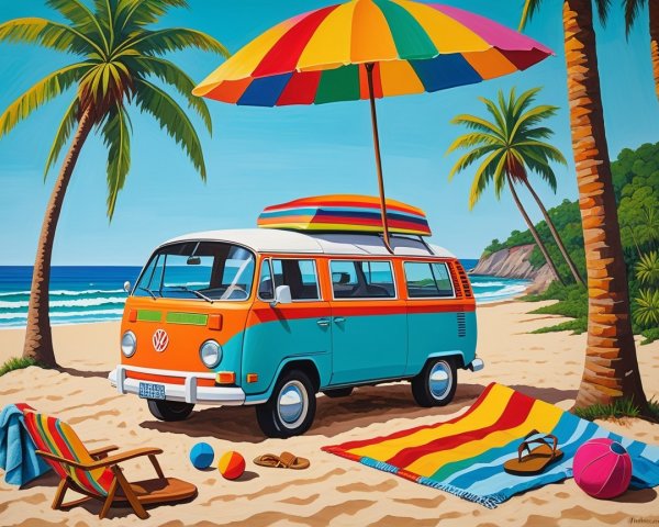Colorful Beach Scene with Volkswagen Van and Umbrella