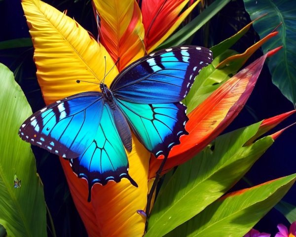 Blue Butterfly on Yellow Leaf in Tropical Foliage