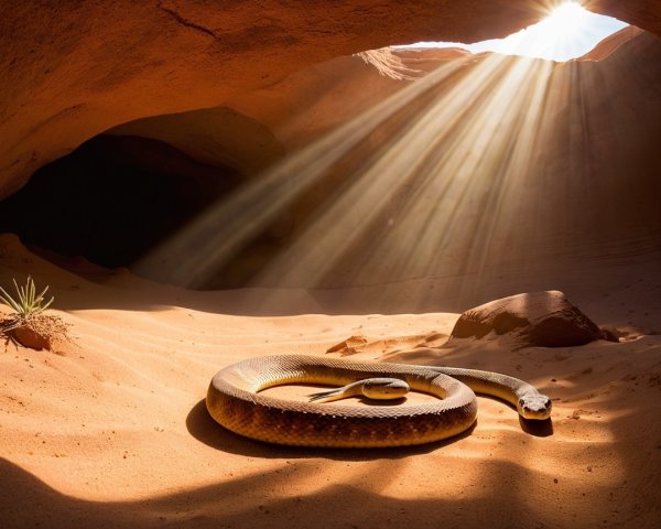 Snake on Sandy Cave Floor with Sunlight Rays