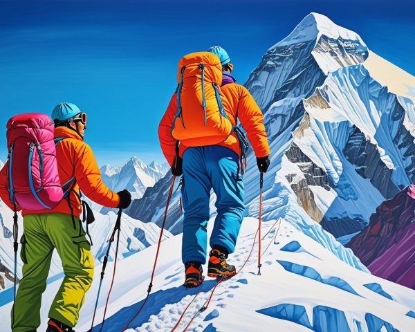 Climbers on a snowy mountain trail with vibrant jackets