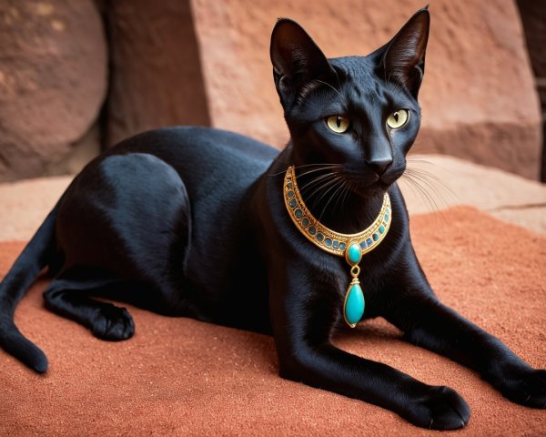 Black Cat with Green Eyes on Terracotta Surface