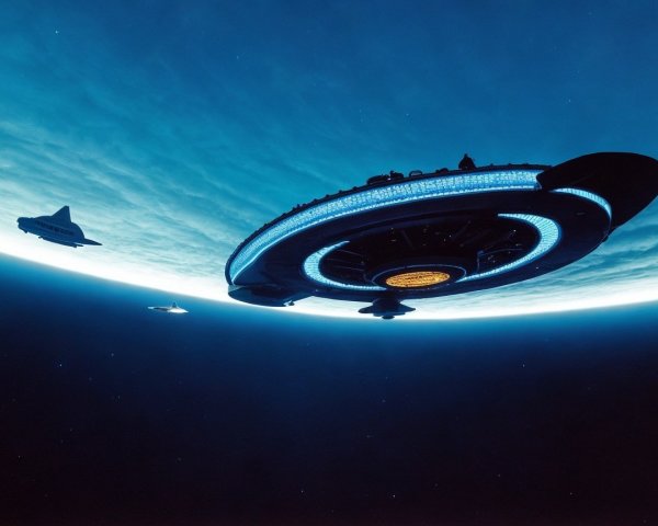 Futuristic spacecraft in a cosmic setting with lights