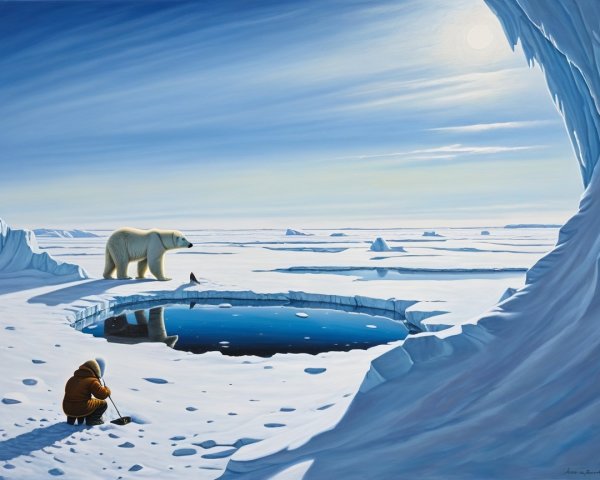 Winter Landscape with Ice Fishing and Wildlife