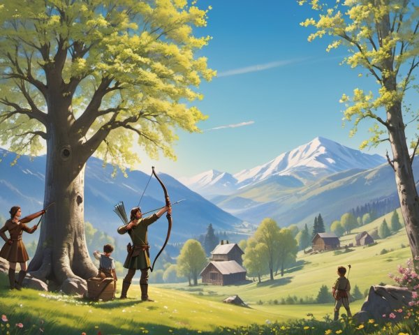 Archers in a Serene Valley with Majestic Mountains
