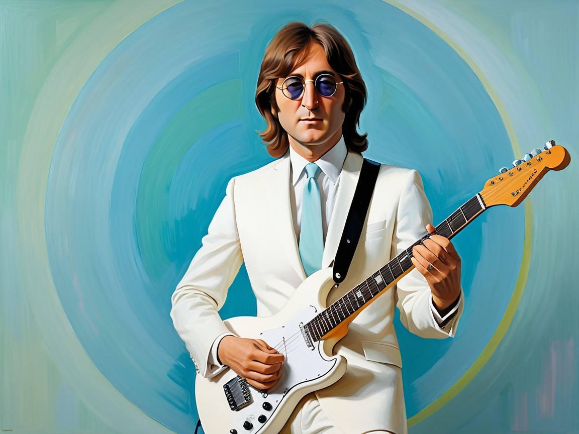 Musician in White Suit with Guitar and Cool Colors