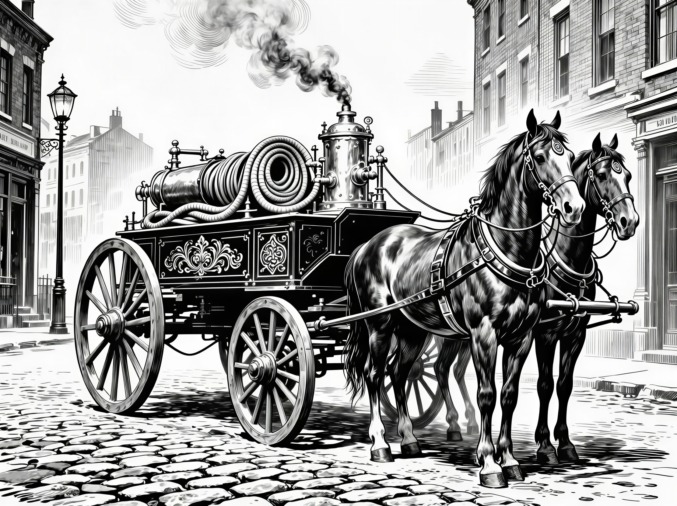 Ink Drawing of Horses Pulling 19th-Century Fire Engine