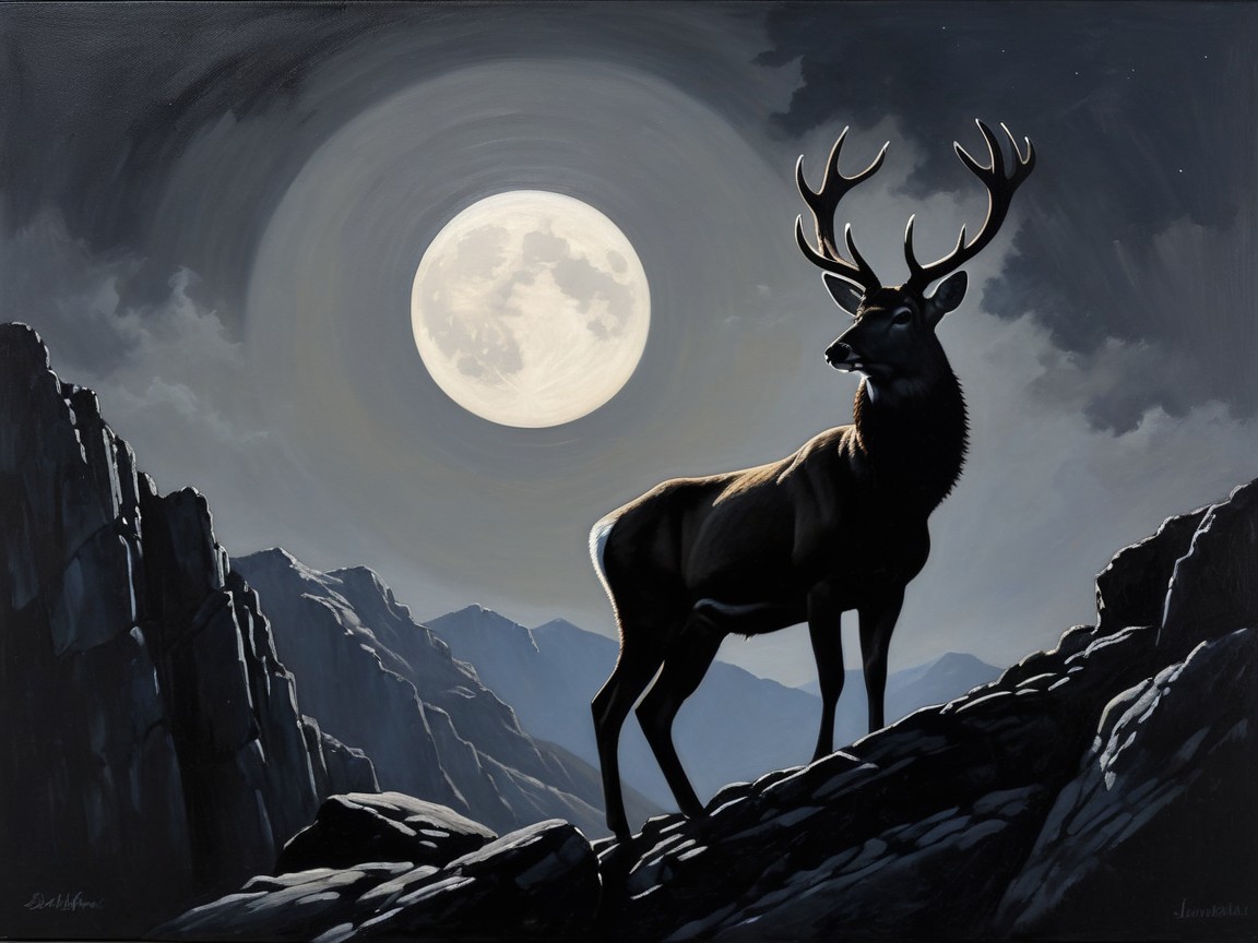 Stag Silhouetted Against Full Moon on Mountainside