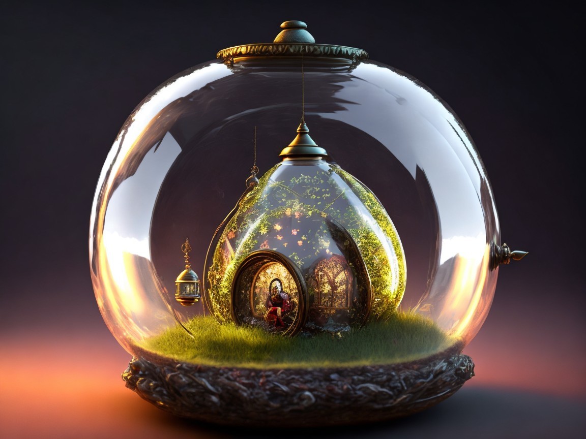 Whimsical Miniature Landscape in a Glass Dome