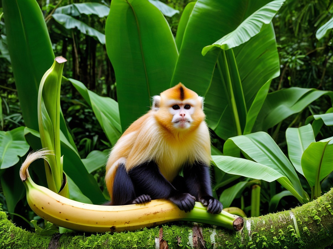 Vibrant monkey on banana in tropical foliage scene