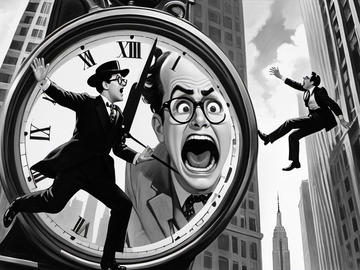 Dramatic Black-and-White Scene with Clock and Characters