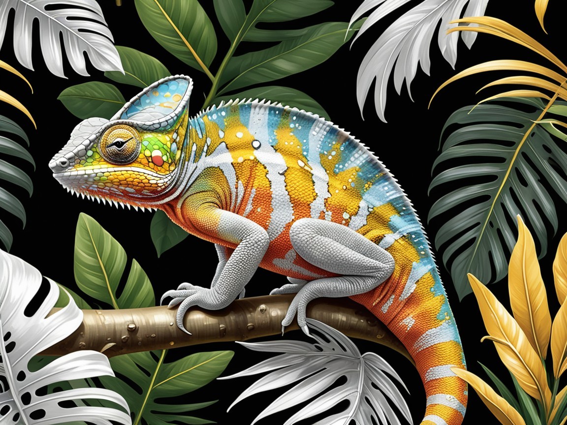 Colorful Chameleon Among Tropical Foliage