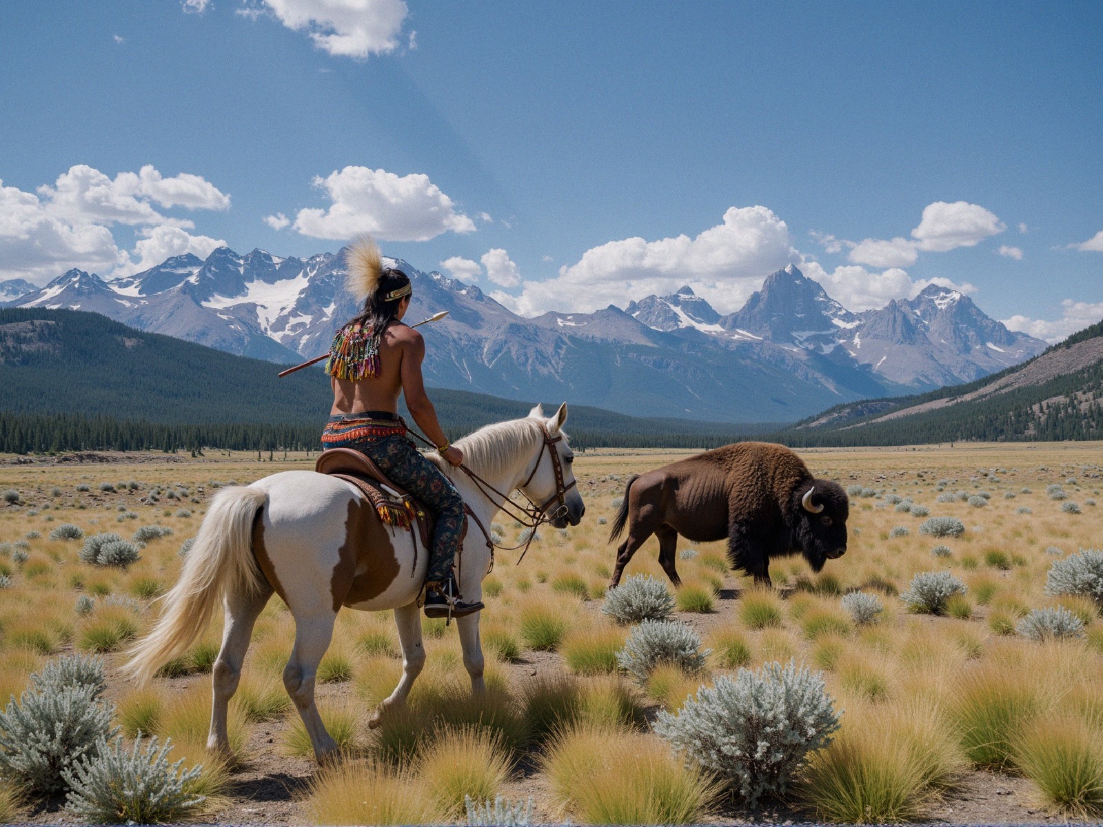 Rider on White Horse Observing Bison in Wilderness