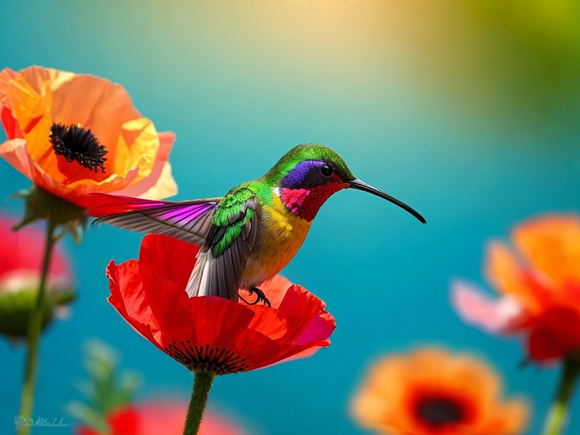 Iridescent Hummingbird on Poppy Flower in Nature
