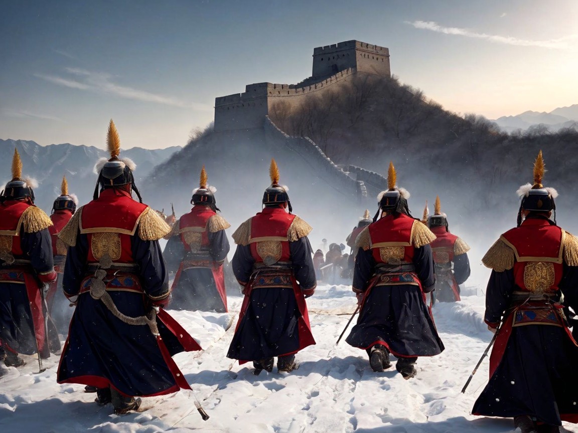 Soldiers in Traditional Armor by Ancient Wall in Snow