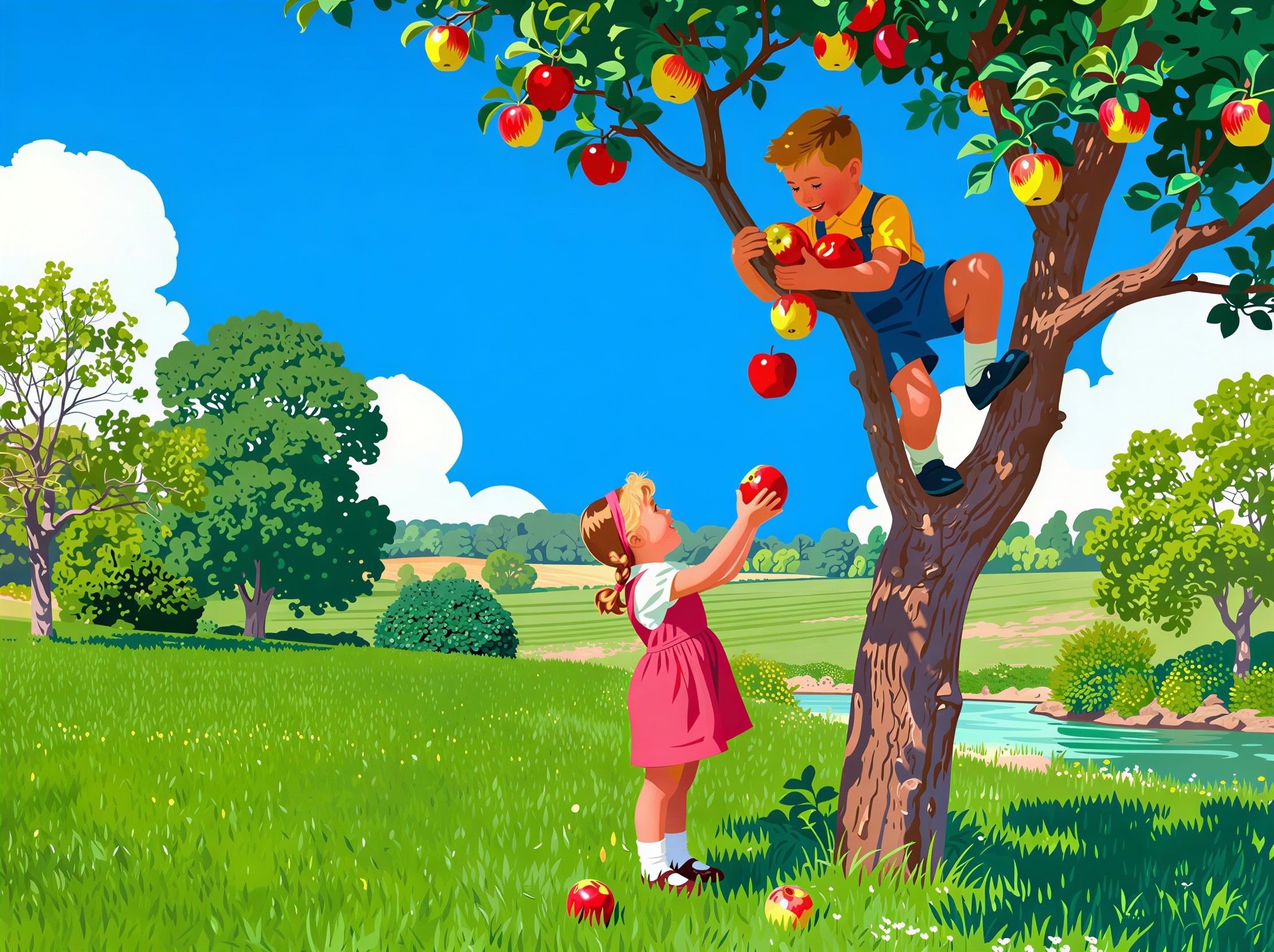 Whimsical Apple Picking Scene in a Sunlit Orchard