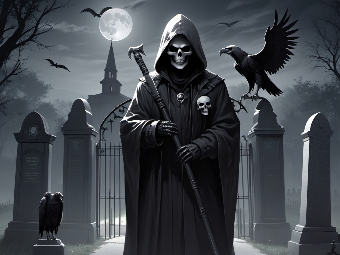 Cloaked Figure in Graveyard with Skull Mask and Staff