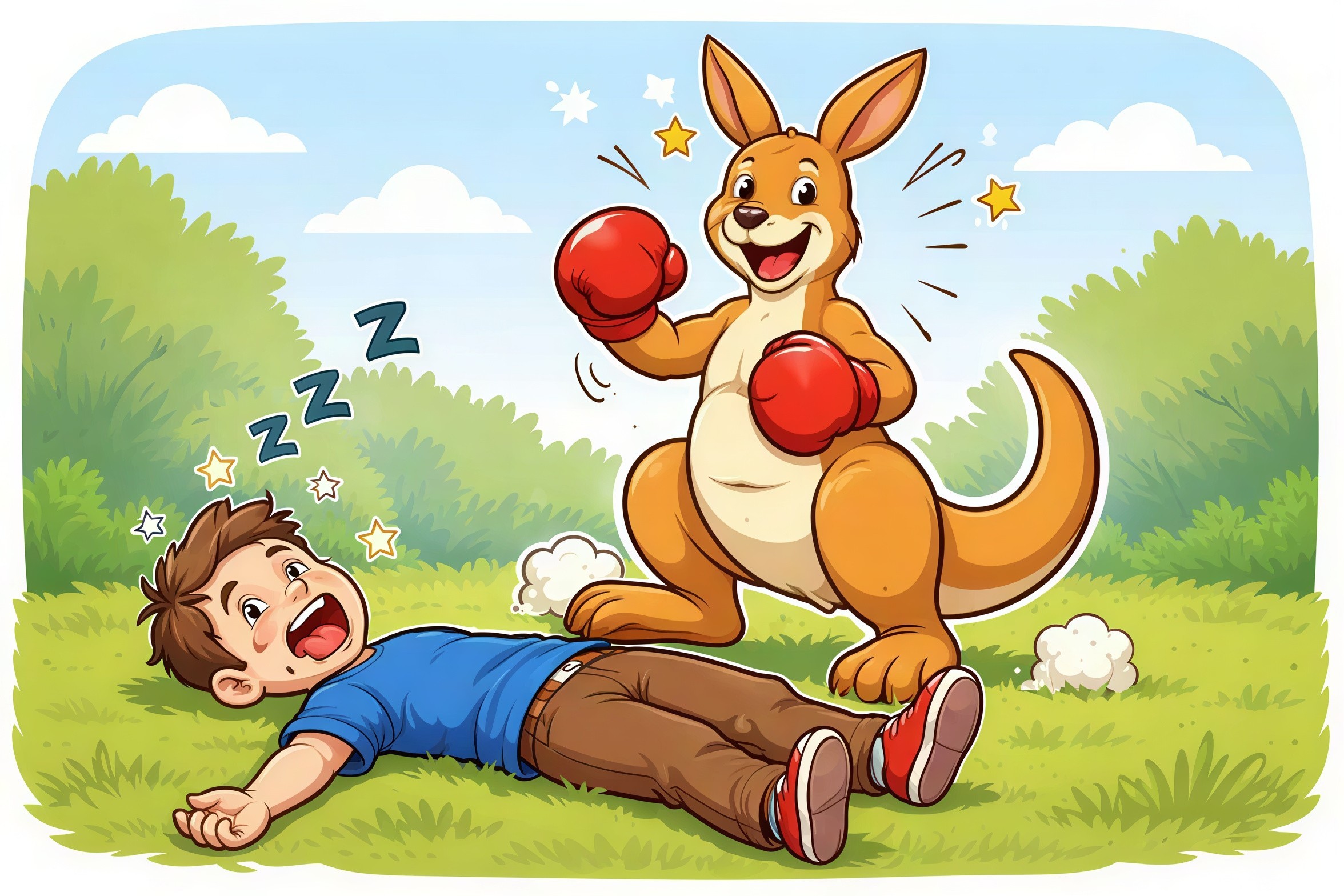 Joyful kangaroo in boxing gloves with dizzy boy on grass