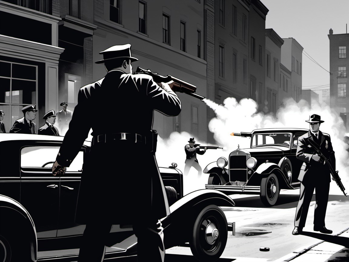 Police Officers in Monochrome Urban Gunfight Scene