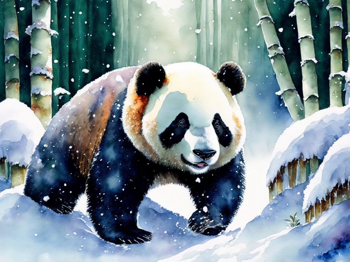 Panda in Snowy Bamboo Grove During Winter Scene