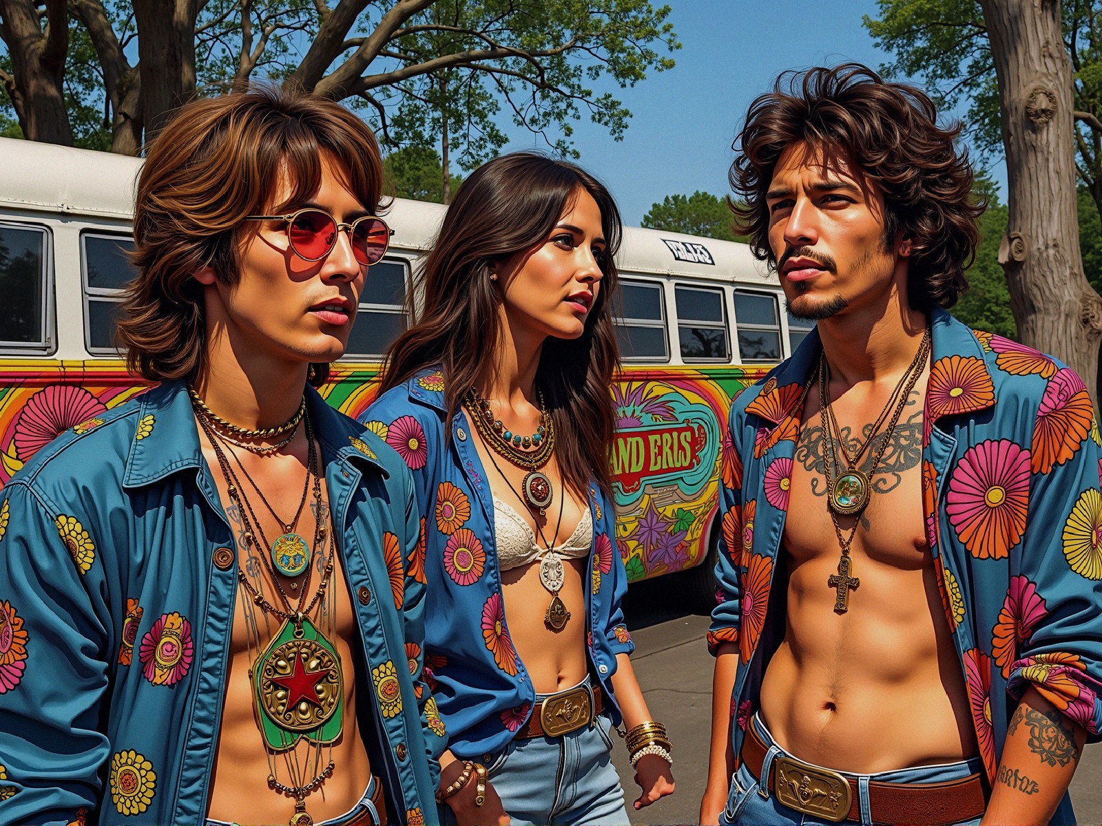 1970s Fashion: Three Individuals with Retro Bus