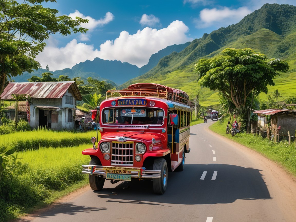 Vibrant Red Jeepney in Scenic Rural Philippines