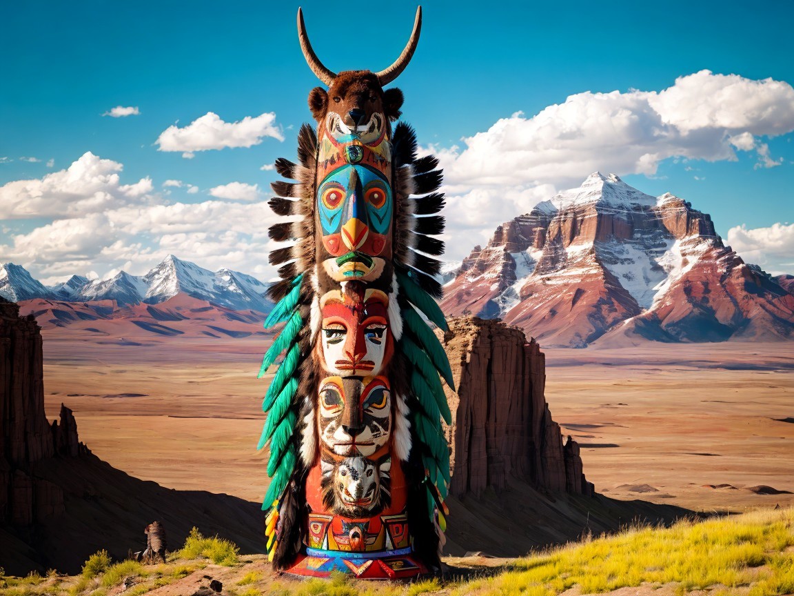 Vibrant Totem Pole Against Majestic Mountain Landscape