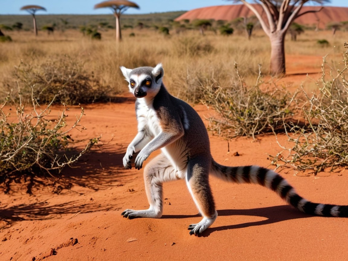 Playful Lemur in Vibrant Desert Landscape Scene