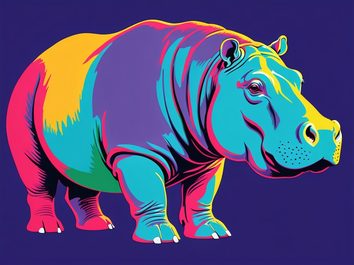 Vibrant Stylized Illustration of a Hippo in Neon Colors