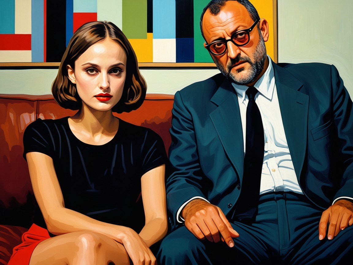 Serious Man and Woman Against Colorful Geometric Background