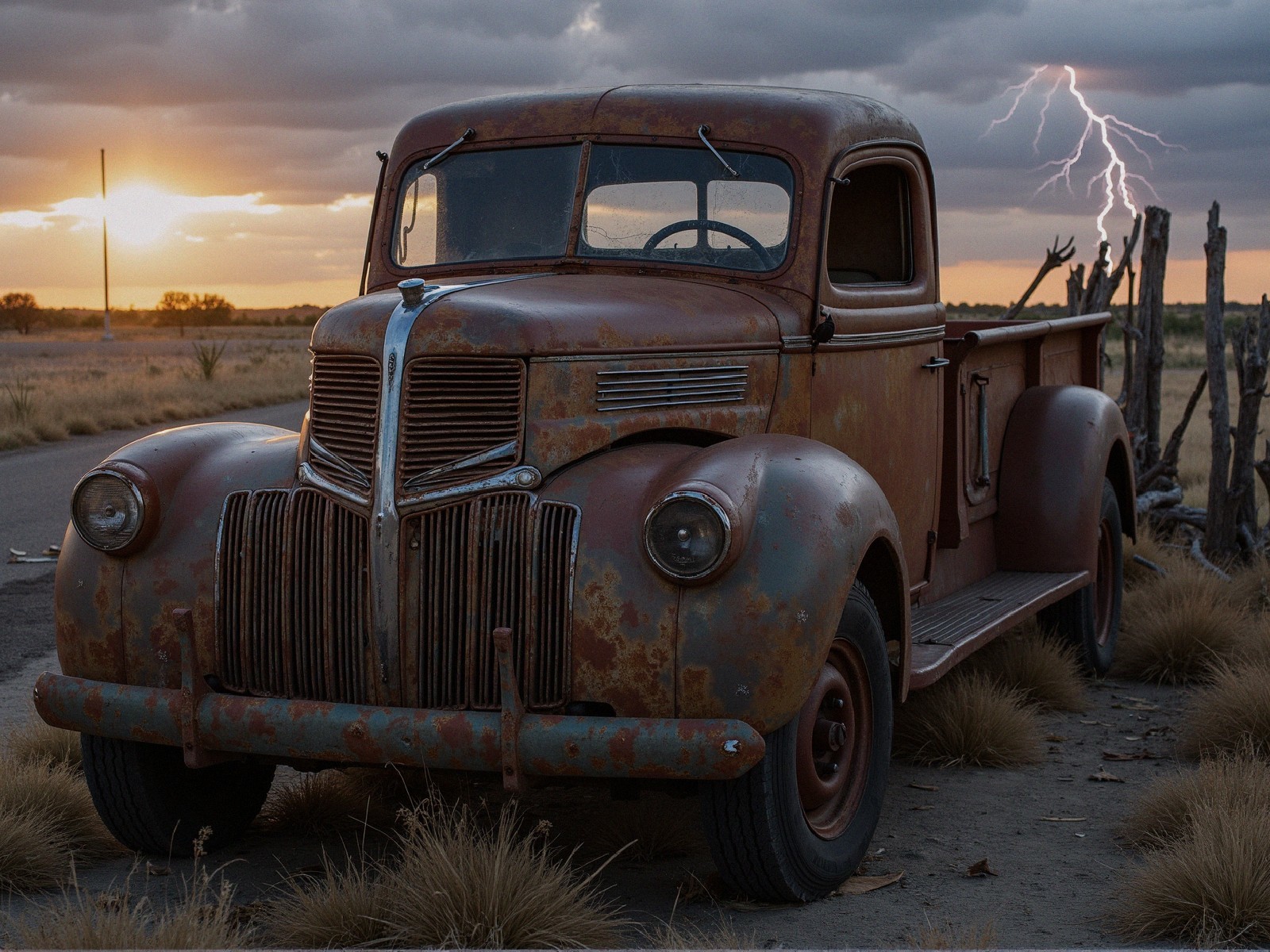 Rusty Pickup Truck in Field Under Dramatic Sky