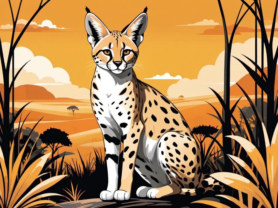 Stylized serval cat in vibrant landscape with hills