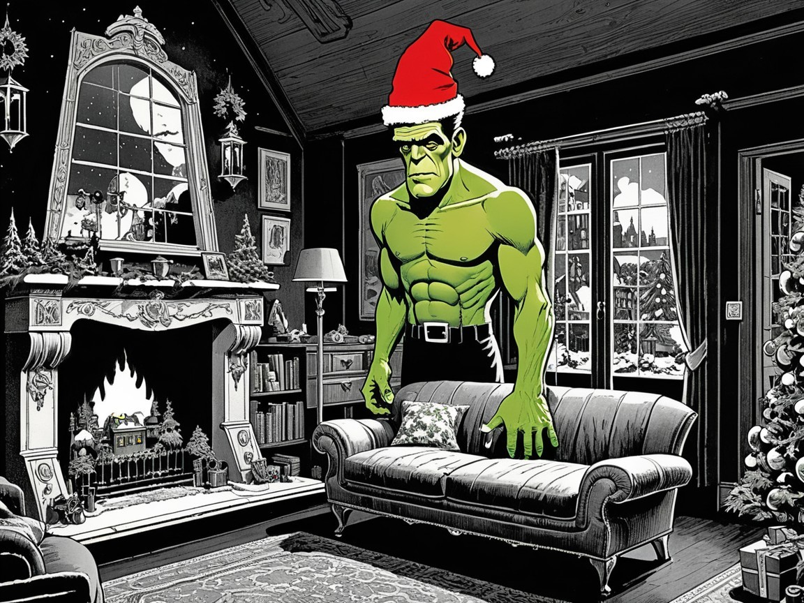 Holiday Living Room with Green Monster in Santa Hat