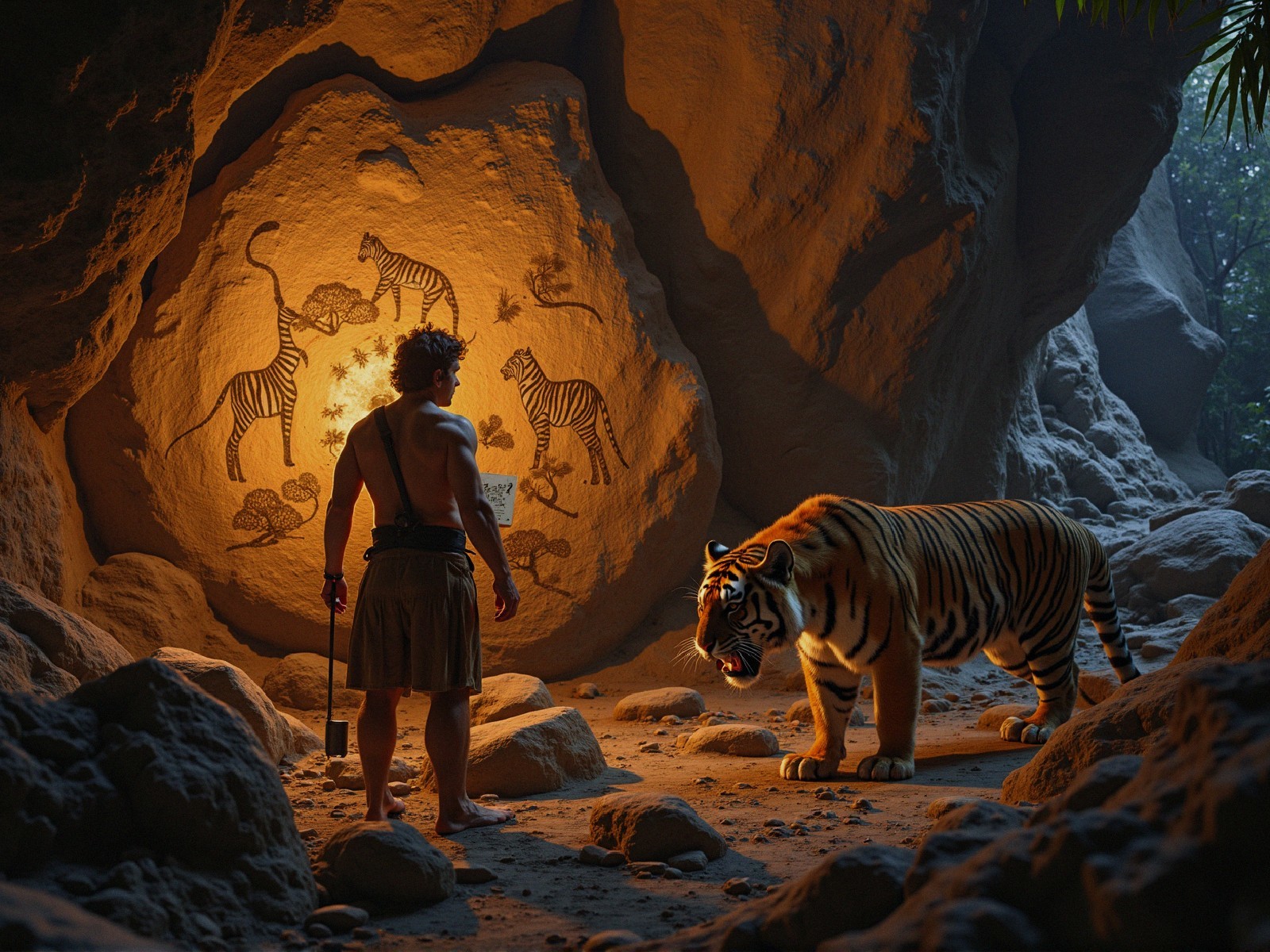 Muscular Figure Examines Ancient Tiger Rock Art