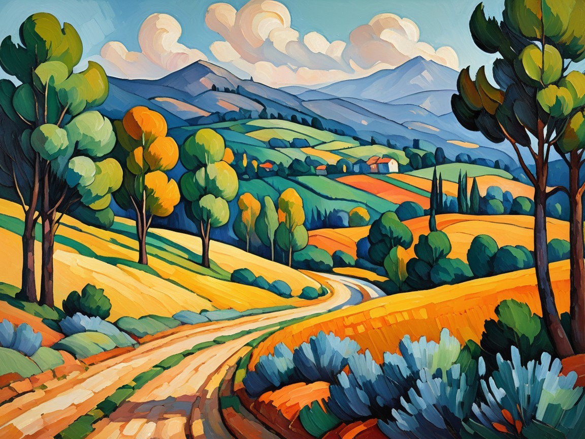 Vibrant Countryside Landscape with Rolling Hills and Wheat