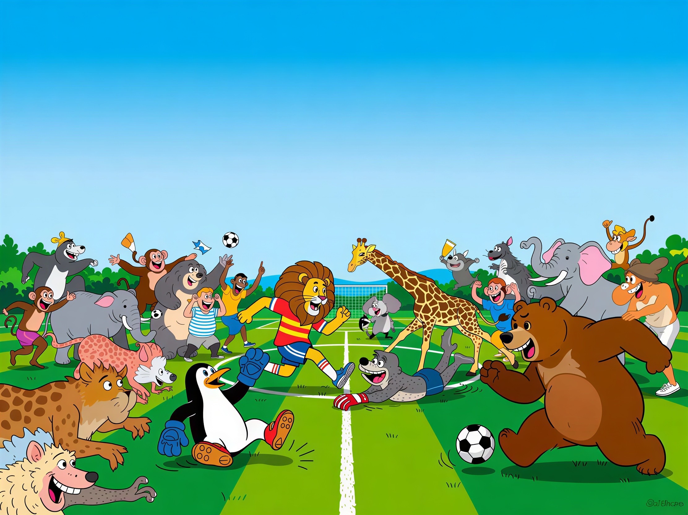 Cartoon Illustration of Animals Playing Soccer