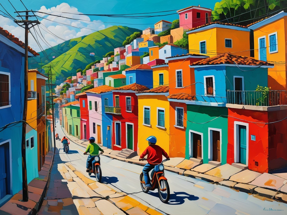 Vibrant hillside village with colorful houses and hills