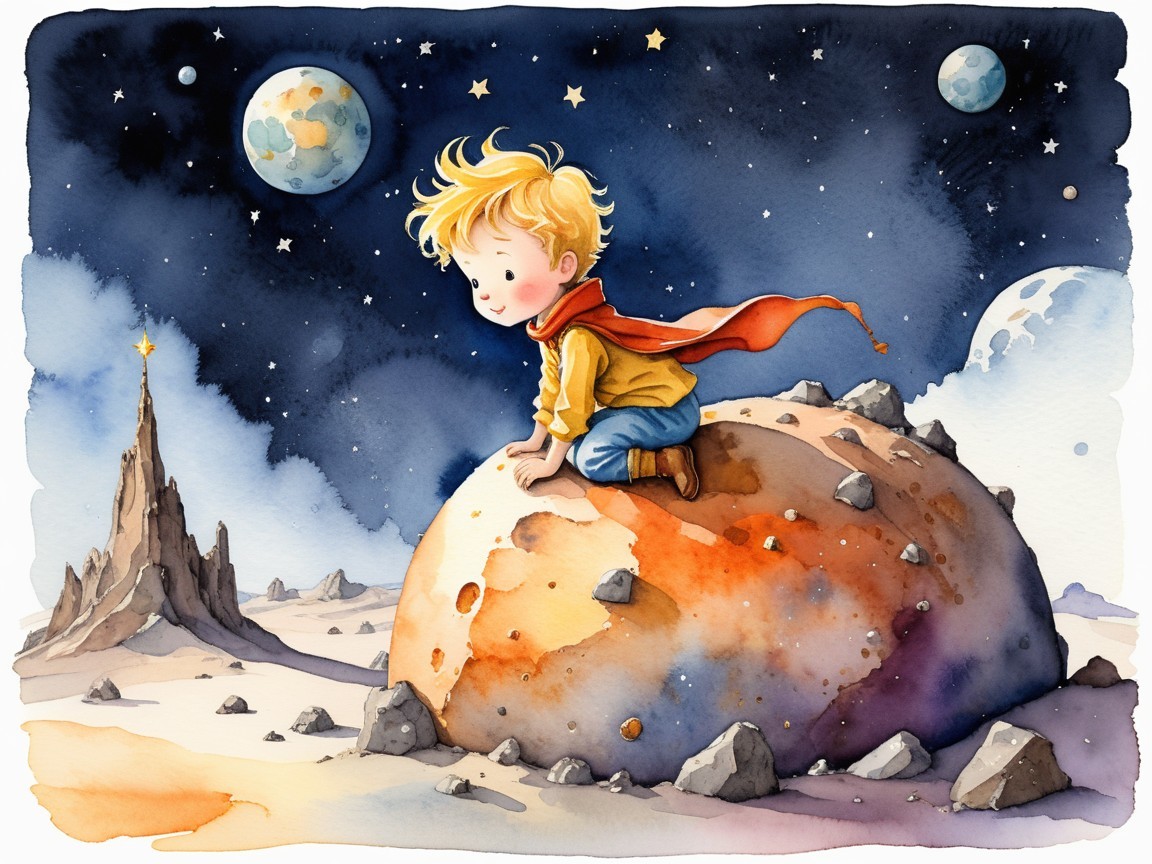 Watercolor Illustration of Boy on Rocky Planet in Space
