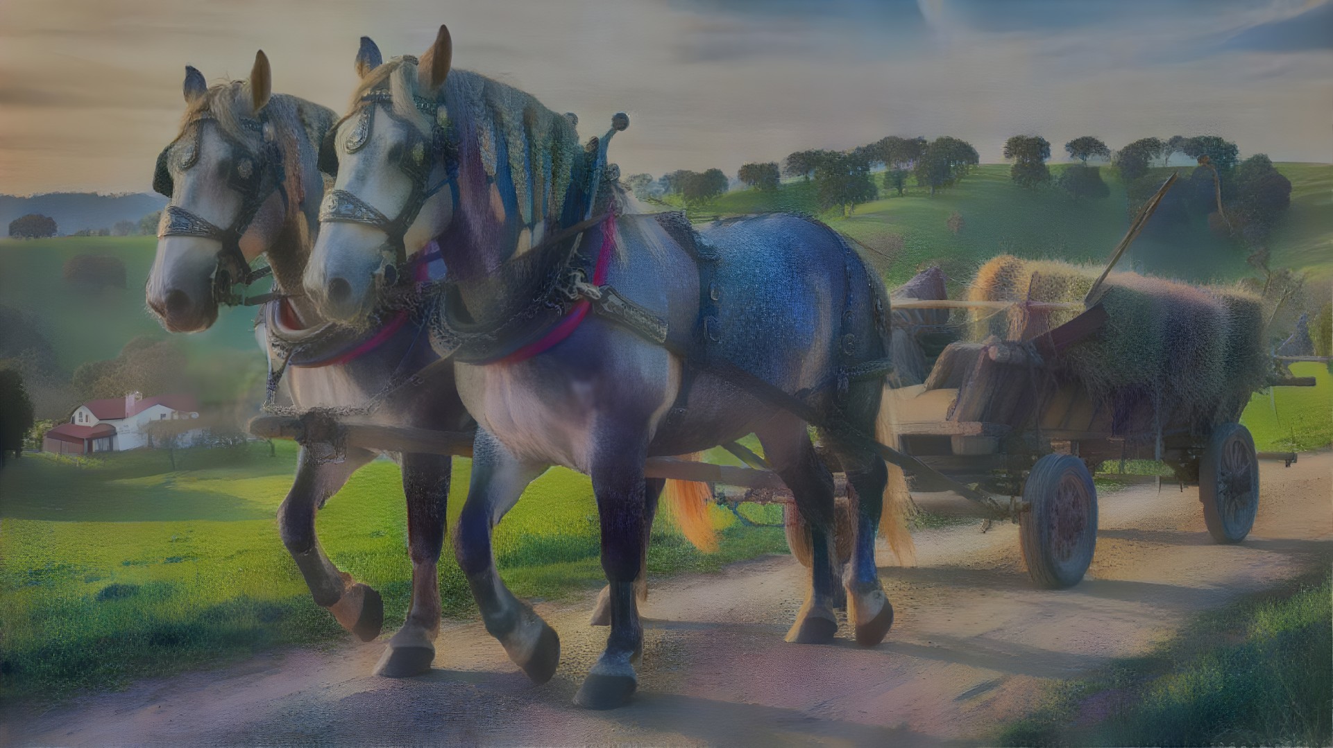 Rural Scene with Horses, Cart, and Sunset Landscape