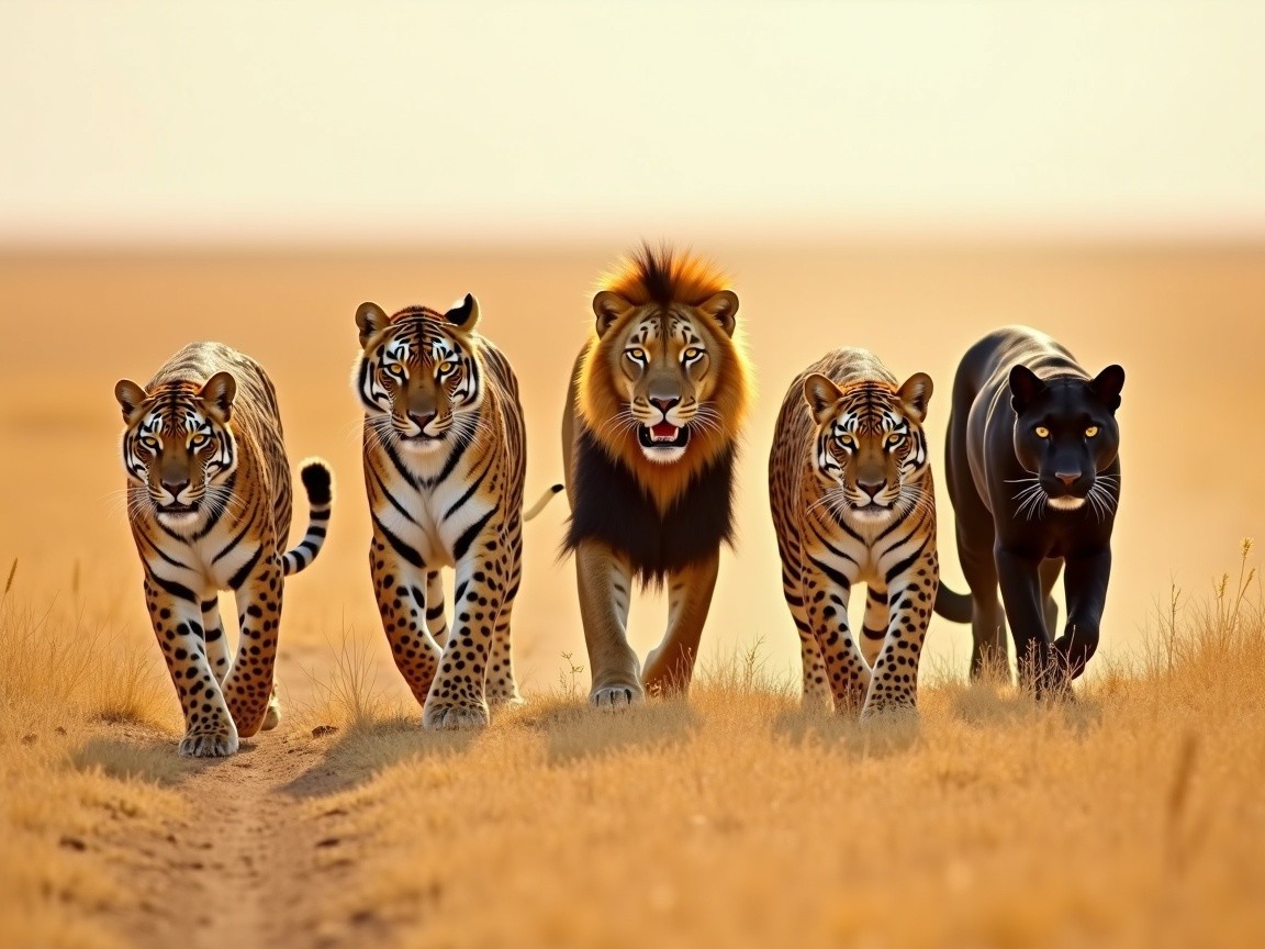 Majestic Big Cats Walking on Golden Savanna
