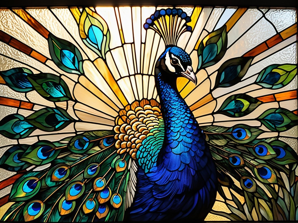 Vibrant Stained Glass Peacock Design with Sunburst Effect