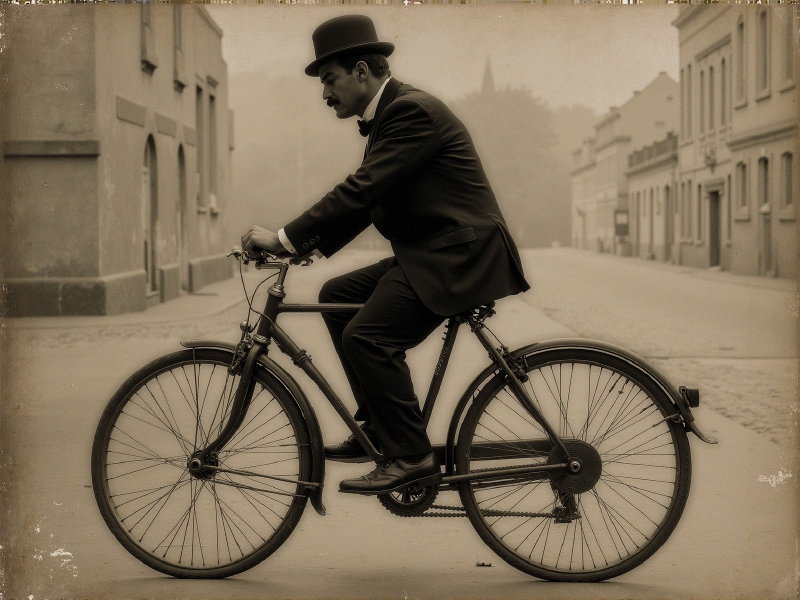 Vintage Bicycle Ride in Sepia-Toned Nostalgia