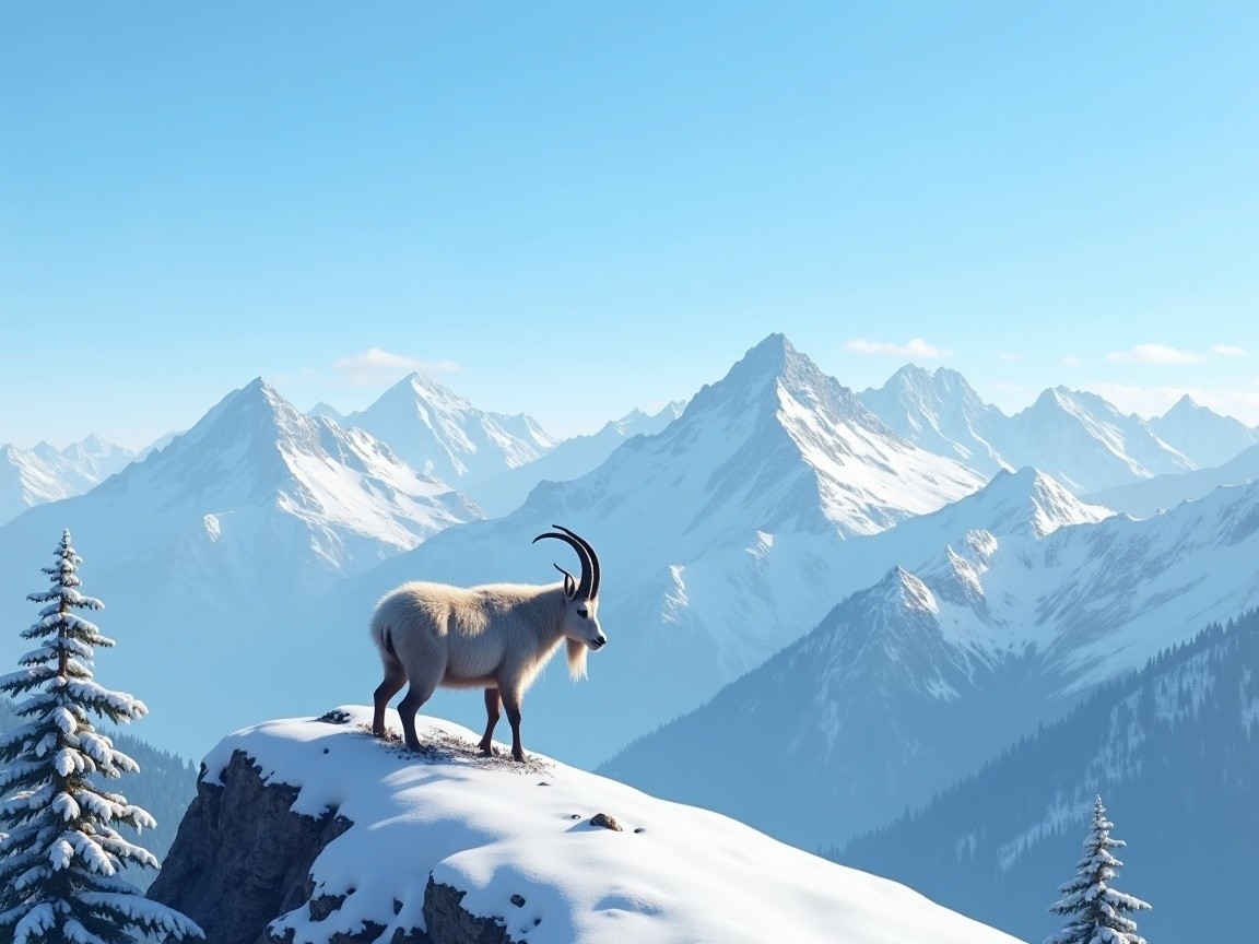 Mountain Goat on Snowy Ledge with Scenic Peaks