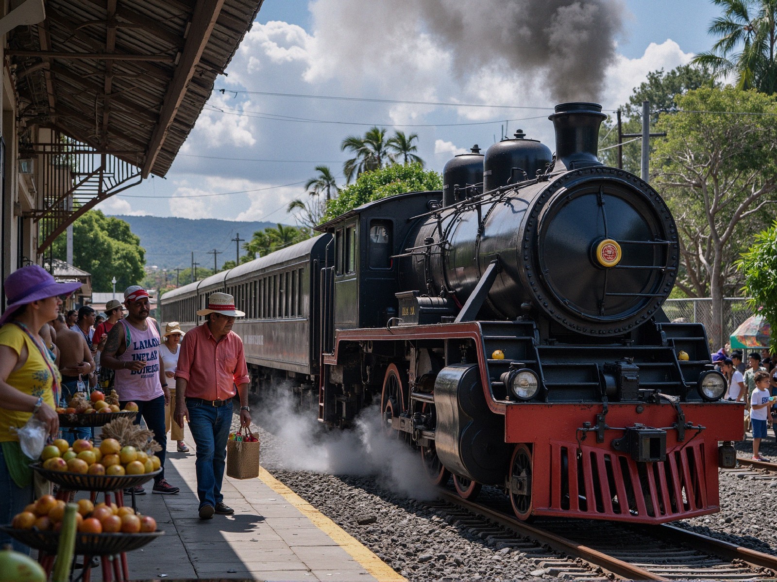 Vintage steam locomotive at a bustling train station