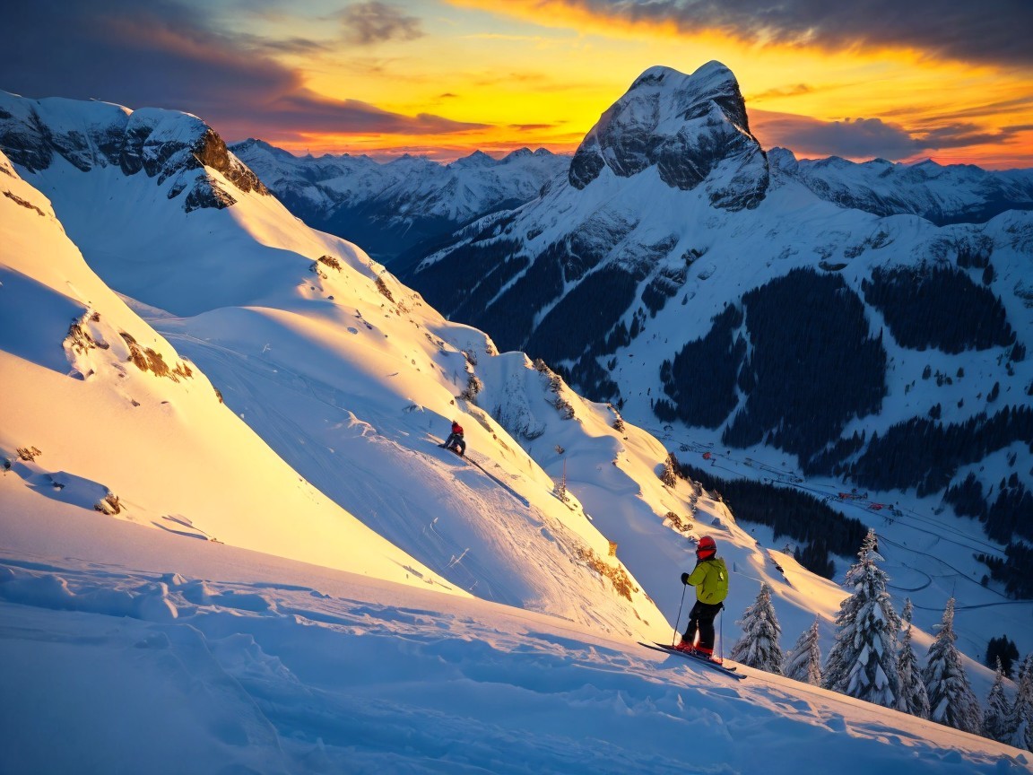 Snowy Landscape with Sunset and Skiers on Slopes