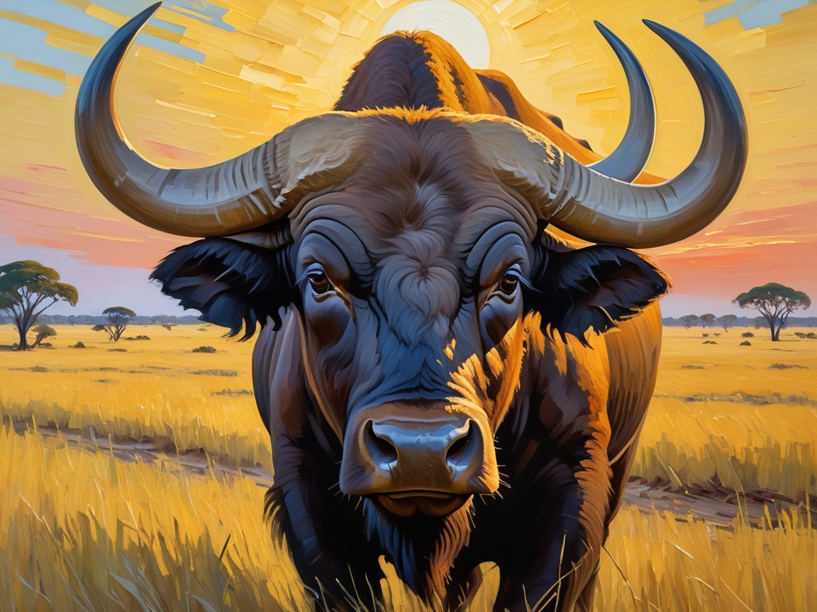 Buffalo in Golden Savannah with Acacia Trees and Sunset