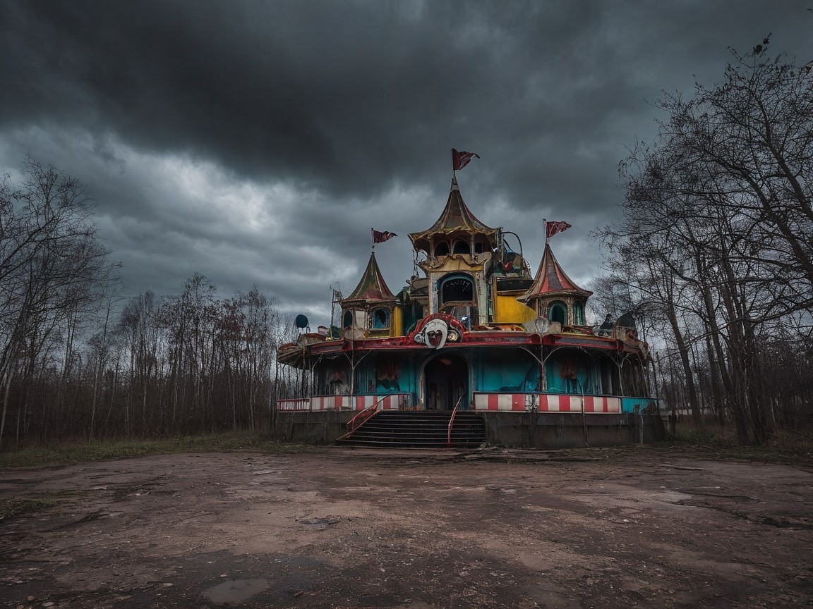 Abandoned Carnival Building Under Ominous Clouds