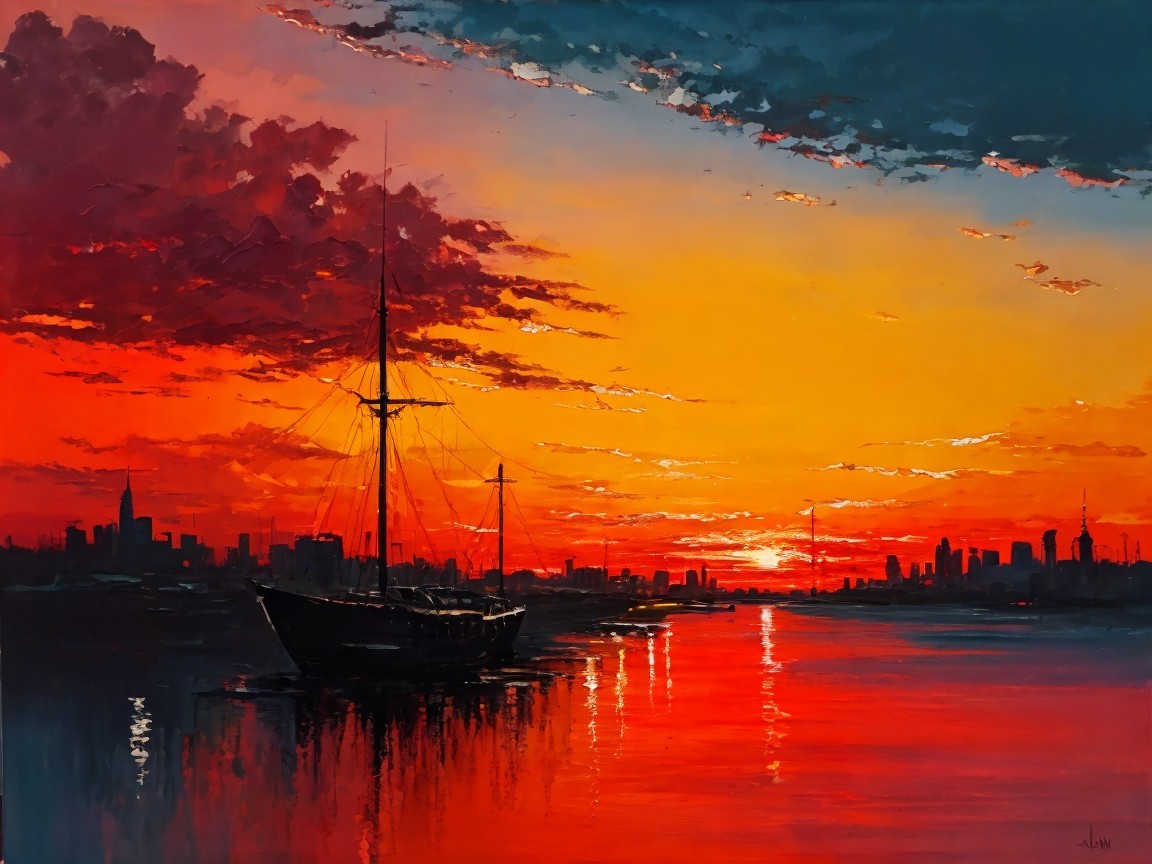 Vibrant Sunset Over Water with Silhouetted Sailboat